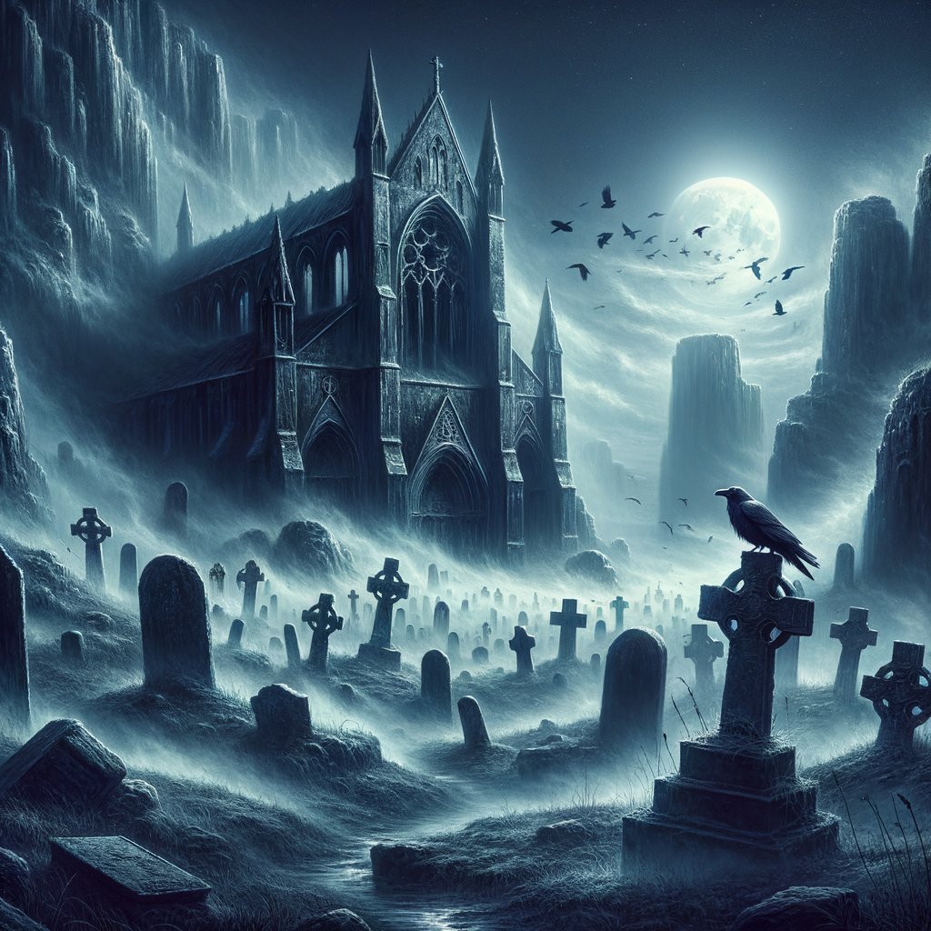 Moonlit graveyard with ruined cathedral, fog, raven on broken arch